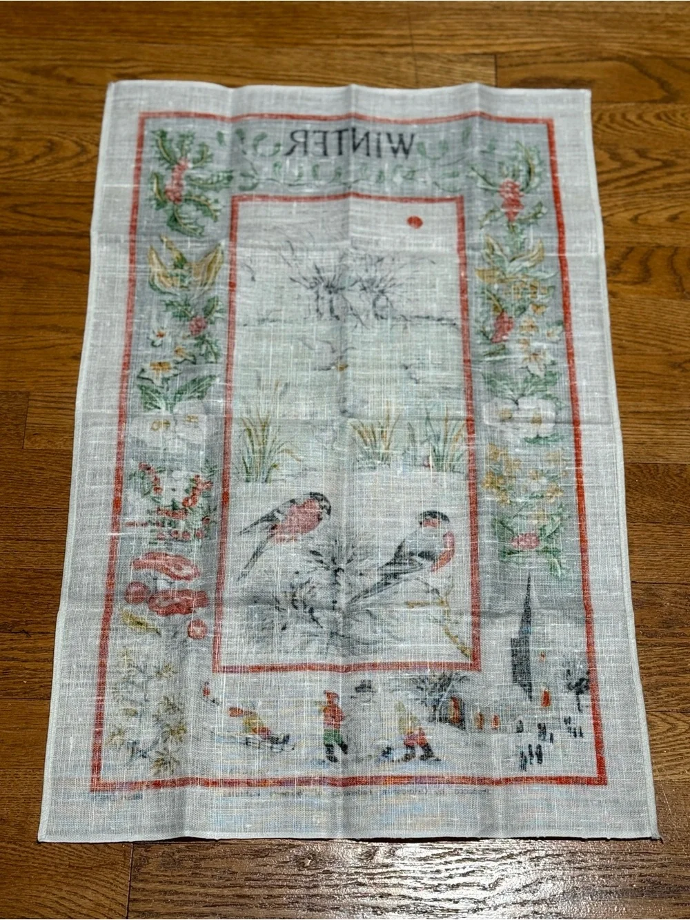 VTG 1980 Irish Linen Tea Towel Winter Scene D Vaughan Oxfordshire WI Folk
